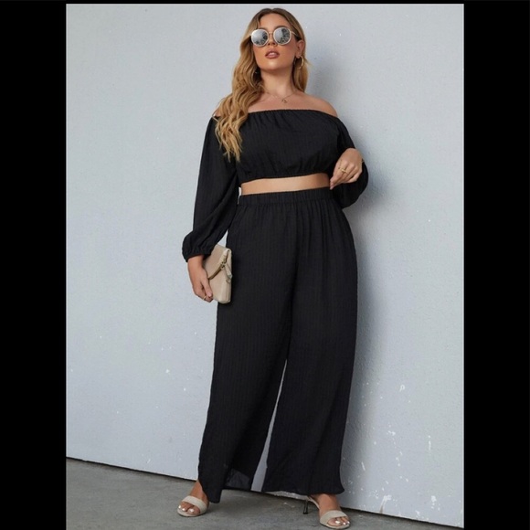 🔥Black Off The Shoulder Top & Wide Leg Pants SET🔥4XL🔥New 🔥SHEIN CURVE - Picture 9 of 16